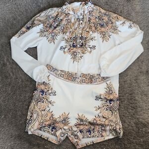New White Paisley Floral Two-Piece Set - Embellished Top & Shorts Size XL